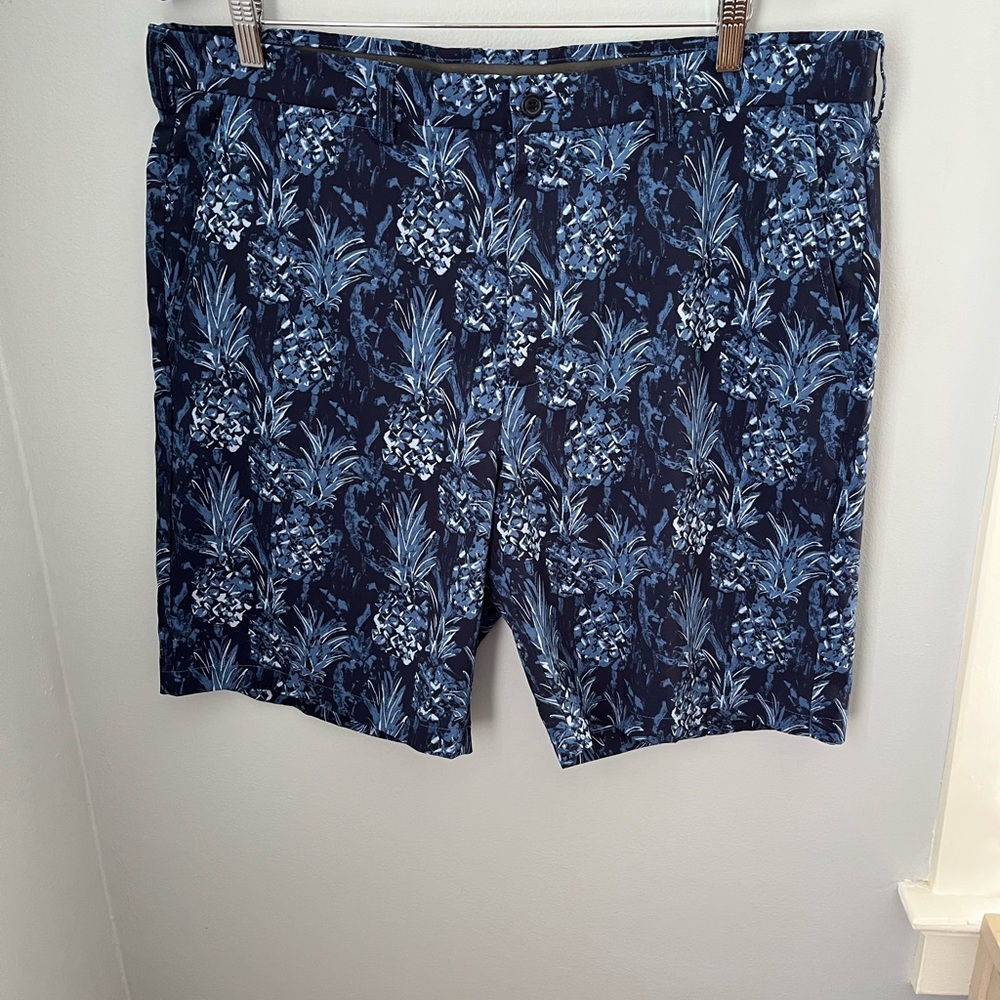 Blue and Black Flat Front Shorts‎ with Artistic Print